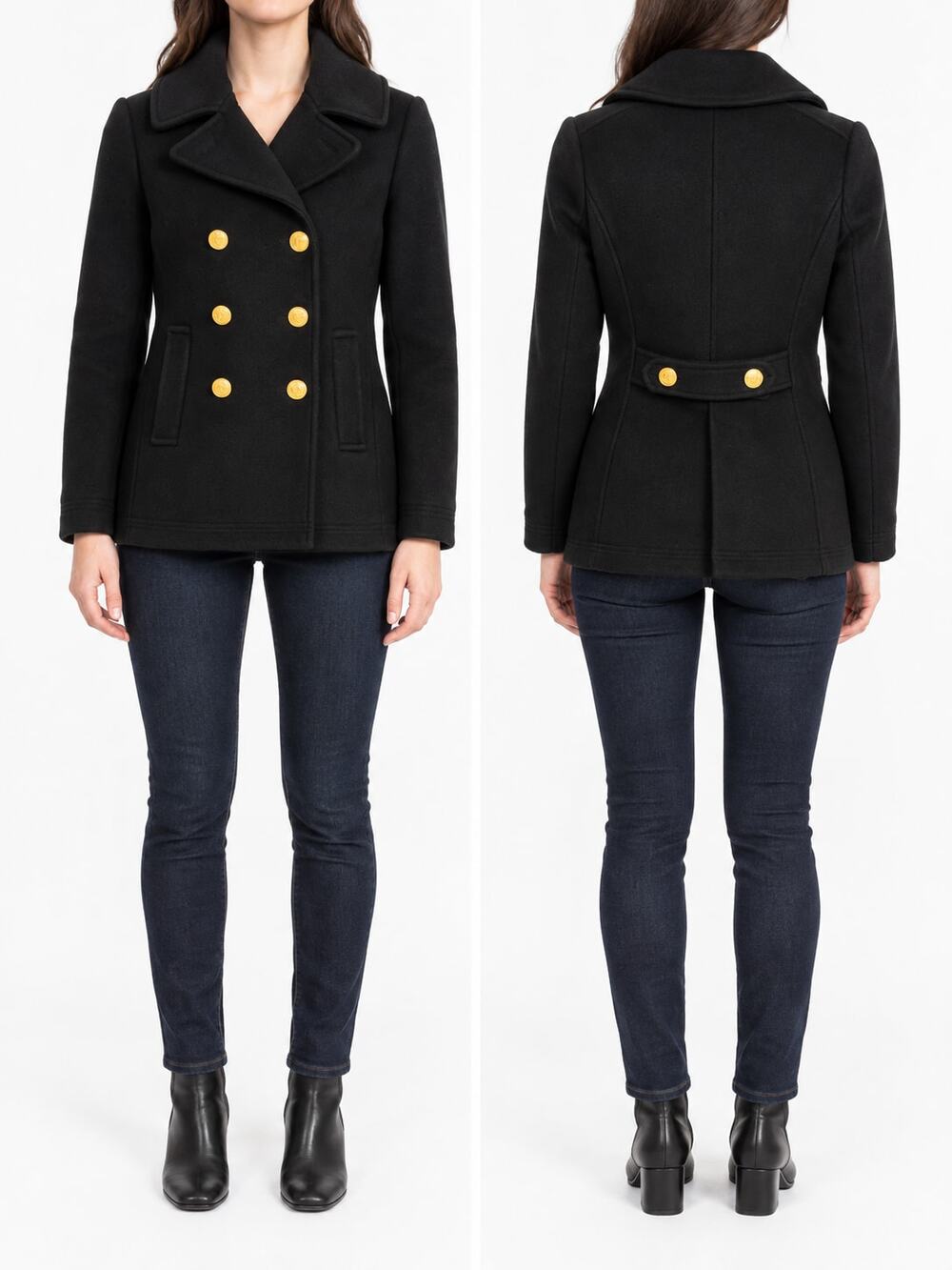 J.Crew Majesty Wool Peacoat Women's 00P Black Double Breasted Gold Buttons